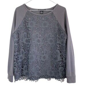 Adrianna Papell Women's Top S Gray Fleece Crocheted Lace Athleisure Everyday